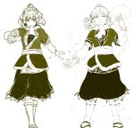 arm_warmers full_body green_theme highres hiyuu_(flying_bear) looking_at_viewer medium_hair mizuhashi_parsee monochrome open_mouth petals pointy_ears revision scarf short_hair skirt smile standing touhou 