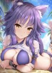  1girl aki_makoto animal_ear_fluff animal_ears arm_strap arms_under_breasts ass bangs beach bikini blue_sky blurry blurry_background blush bracelet breasts brown_eyes cleavage criss-cross_halter feet_up garana hair_between_eyes halterneck highres jewelry large_breasts lens_flare looking_at_viewer lying medium_hair on_stomach palm_tree princess_connect! princess_connect!_re:dive purple_bikini purple_hair see-through shirt shirt_lift short_sleeves sidelocks sky solo sunlight swimsuit tail tree wet wet_clothes wet_shirt wolf_ears wolf_girl wolf_tail 