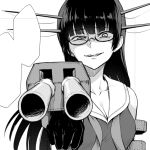  1girl breasts cannon choukai_(kantai_collection) cleavage ebiblue gesugao glasses greyscale hair_ornament kantai_collection long_hair looking_at_viewer monochrome speech_bubble weapon 