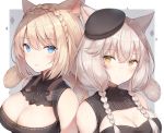  2girls animal_ears ayuanlv bare_shoulders beret black_headwear black_shirt blonde_hair blue_eyes braid breasts brown_eyes brown_hair cat_ears cat_girl cat_tail cleavage cleavage_cutout final_fantasy final_fantasy_xiv french_braid hair_over_shoulder hat large_breasts long_hair looking_at_viewer miqo&#039;te mole mole_under_eye multiple_girls parted_lips shirt shoulder_cutout side-by-side sleeveless sleeveless_shirt tail tail_raised tilted_headwear twin_braids upper_body 
