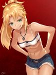  1girl :d artist_name bandeau bangs bare_arms bare_shoulders belt belt_buckle blonde_hair blue_shorts braid breasts buckle cleavage collarbone cowboy_shot cutoffs denim denim_shorts fate/grand_order fate_(series) gradient gradient_background green_eyes grin hands_on_hips jewelry lazycoffee_(wyen_iscordo) leaning_forward long_hair mordred_(fate) mordred_(fate)_(all) necklace open_mouth parted_bangs parted_lips ponytail red_background short_shorts shorts small_breasts smile solo teeth thigh_gap toned 