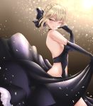 1girl artoria_pendragon_(all) bangs bare_shoulders black_bow black_dress black_gloves blonde_hair blush bow braid breasts brown_background crimecrime dress earrings elbow_gloves fate/stay_night fate_(series) french_braid gloves gradient gradient_background hair_between_eyes hair_bow jewelry long_hair looking_at_viewer medium_breasts navel navel_cutout one_eye_closed saber_alter sidelocks smile solo yellow_eyes 
