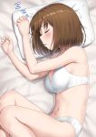  1girl absurdres bob_cut bra brown_hair closed_eyes commentary_request highres navel nedia_(nedia_region) original panties parted_lips pillow short_hair sleeping solo underwear underwear_only white_bra white_panties zzz 