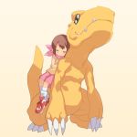  1:1 agumon big_claws blush brown_hair claws clothing digimon digimon_(species) dinosaur eyes_closed fangs female feral green_eyes hair hikari_kamiya human larger_feral larger_male long_tail male mammal midnitetreasur1 orange_body reptile riding scalie short_hair simple_background size_difference smaller_female smaller_human toe_claws white_claws yellow_background 