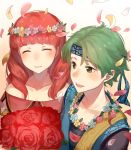  1boy 1girl alm_(fire_emblem) celica_(fire_emblem) closed_eyes closed_mouth fire_emblem fire_emblem_echoes:_shadows_of_valentia fire_emblem_heroes flower green_eyes green_hair haru_(nakajou-28) head_wreath headband highres long_hair open_mouth petals red_hair short_hair simple_background smile upper_body white_background 