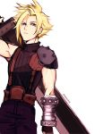  1boy blonde_hair buster_sword closed_mouth cloud_strife final_fantasy final_fantasy_vii gloves highres looking_at_viewer male_focus motu0505 simple_background solo spiked_hair sword weapon white_background 