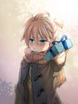  1boy blonde_hair blue_eyes blurry_foreground blush brown_jacket commentary gift giving jacket kagamine_len leaf male_focus necktie plaid plaid_scarf pouty_lips pov scarf short_ponytail sidelighting spiked_hair sweatdrop tamara tsundere v-shaped_eyebrows visible_air vocaloid yellow_neckwear 