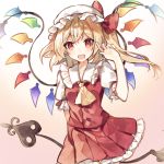  1girl blonde_hair bow commentary_request crystal fang flandre_scarlet frilled_skirt frills gradient gradient_background hand_up hat hat_bow holding laevatein long_hair looking_at_viewer mob_cap open_mouth pleated_skirt raka_(cafe_latte_l) red_bow red_eyes red_skirt red_vest shirt short_sleeves side_ponytail skirt smile solo touhou upper_body vest white_headwear white_shirt wings yellow_neckwear 
