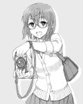  1girl :d ahoge bag bow bowtie braid camera collared_shirt drop_shadow glasses grey_background hair_between_eyes holding holding_camera itou_(onsoku_tassha) looking_at_viewer open_mouth original pleated_skirt round_teeth shirt short_hair shoulder_bag side_braid skirt smile solo standing teeth upper_body upper_teeth vest 