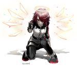  1girl absurdres aiming_at_viewer arknights black_legwear character_name exusiai_(arknights) fingerless_gloves gloves glowing glowing_wings gun halo highres hood hooded_jacket jacket k610twins red_eyes red_hair serious shoes short_hair sleeves_rolled_up solo squatting weapon wings 