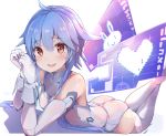  1girl :d absurdres animal_print ass bare_shoulders blue_hair blush bunny_print crossed_ankles elbow_gloves elbow_rest feet gloves hair_between_eyes happy heart heart-shaped_pupils heart_print highres leotard looking_at_viewer lying neptune_(series) on_stomach open_mouth papion red_eyes short_hair_with_long_locks simple_background smile solo symbol-shaped_pupils thighhighs thighs upper_teeth white_background white_gloves white_heart white_legwear white_leotard wings 