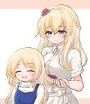 2girls alternate_costume bangs blonde_hair blue_eyes blush braid breasts brush closed_eyes dress eyebrows_visible_through_hair french_braid hair_between_eyes hair_brush hair_brushing hair_ornament hairband holding jervis_(kantai_collection) kantai_collection kasashi_(kasasi008) long_hair long_sleeves medium_breasts multiple_girls open_mouth short_sleeves sidelocks simple_background smile warspite_(kantai_collection) white_dress 