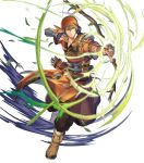  1boy arrow bandages bandana belt boots bow_(weapon) earrings fingerless_gloves fire_emblem fire_emblem:_the_blazing_blade fire_emblem_heroes full_body fur_trim gloves green_eyes green_hair highres jewelry leaf official_art quiver rath_(fire_emblem) solo teeth transparent_background weapon 