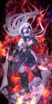  1girl ahoge armor armored_dress bangs bare_shoulders breasts chain cleavage fire flag gauntlets hair_between_eyes headpiece highres holding holding_lance holding_weapon jeanne_d&#039;arc_(alter)_(fate) jeanne_d&#039;arc_(fate)_(all) lack lance large_breasts long_hair open_mouth polearm silver_hair smile solo spear sword thighhighs tsurime weapon yellow_eyes 