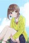  1girl blue_skirt blush brown_hair dated eyebrows_visible_through_hair fubuki_(kantai_collection) green_eyes highres hiroi09 hood hoodie kantai_collection looking_at_viewer outdoors pleated_skirt signature sitting skirt smile socks solo sweater white_legwear yellow_sweater 