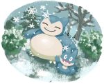  artsy-theo bare_tree claws facing_viewer fangs full_body gen_1_pokemon gen_4_pokemon looking_at_viewer munchlax no_humans outdoors pokemon smile snorlax snow snowflakes snowing standing tree 