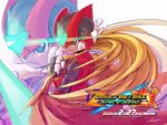  1boy android black_eyes blonde_hair cape cape_removed energy_blade energy_sword helmet holding holding_cape holding_weapon kamiyama_teten long_hair male_focus rockman rockman_zero serious solo sword weapon zero_(rockman) zoom_layer 