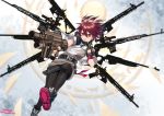  1girl absurdres arknights artist_name belt black_legwear exusiai_(arknights) fingerless_gloves gloves gun gun_wings halo highres hood hooded_jacket jacket kyoraku_(weng3133) orange_eyes red_hair rifle shoes short_hair short_sleeves sniper_rifle solo tagme twitter_username weapon 