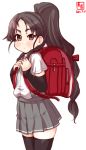  1girl arm_warmers artist_logo asashio_(kantai_collection) asashio_(kantai_collection)_(cosplay) backpack bag black_hair black_legwear brown_eyes commentary_request cosplay cowboy_shot dated dress_shirt hair_tie high_ponytail highres kanon_(kurogane_knights) kantai_collection long_hair multi-tied_hair nisshin_(kantai_collection) randoseru red_ribbon ribbon shirt short_eyebrows short_sleeves simple_background skirt solo suspender_skirt suspenders thick_eyebrows thighhighs very_long_hair white_background white_shirt 