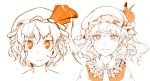  bow flandre_scarlet frilled_shirt_collar frills hat hiyuu_(flying_bear) looking_at_viewer medium_hair monochrome one_side_up orange_theme revision ribbon short_hair simple_background smile touhou wavy_hair white_background 