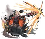  1girl ammunition animal_ears belt blonde_hair boots bow coat collar concept_art english_commentary explosion eyebrows_visible_through_hair fingerless_gloves fox_ears fox_tail full_body gloves hair_bow highres holding holding_weapon leg_up long_coat long_hair miniskirt necktie off_shoulder open_clothes open_coat open_mouth orange_coat original pantyhose polearm pouch rainmood red_bow red_collar red_eyes red_neckwear rubble simple_background skirt smile smoke solo split_ponytail tail very_long_hair weapon white_background 
