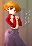  agatha_christie_no_meitantei_poirot_to_marple aoi_kumiko belt blush breasts brown_eyes brown_hair long_skirt long_sleeves mable_west navel nipples shirt_lift skirt small_breasts solo standing translated turtleneck 