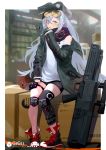 1girl absurdres assault_rifle asymmetrical_legwear black_shorts box cardboard_box coat commentary_request g11_(girls_frontline) girls_frontline green_hat green_jacket grey_hair gun hat heckler_&amp;_koch highres jacket kalina_(girls_frontline) knee_pads kumonji_aruto long_hair messy_hair open_clothes open_coat rifle shorts single_thighhigh sitting sleep_mask thigh_strap thighhighs weapon 