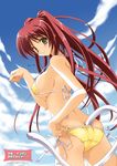  ass back bikini blush breasts brown_eyes butt_crack cat_tail day goma_satoshi kousaka_tamaki large_breasts long_hair looking_back paw_pose red_hair side-tie_bikini sideboob solo swimsuit tail to_heart_2 twintails 