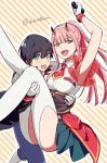  1boy 1girl arm_up black_hair carrying darling_in_the_franxx gloves green_eyes hiro_(darling_in_the_franxx) horns necktie oni_horns pink_hair signature single_sleeve toma_(norishio) zero_two_(darling_in_the_franxx) 