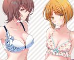  2girls arms_behind_back bangs blue_bra blush bow bow_bra bra breasts brown_eyes brown_hair cleavage closed_mouth diagonal-striped_background diagonal_stripes embroidered_bra eyebrows_visible_through_hair floral_print frilled_bra frills frown girls_und_panzer grey_background hand_on_hip head_tilt highres lace lace-trimmed_bra looking_at_viewer medium_breasts multiple_girls nishizumi_maho nishizumi_miho parted_lips print_bra sheepd short_hair siblings sisters striped striped_background underwear underwear_only 