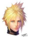  1boy artist_name bangs blue_eyes close-up closed_mouth cloud_strife earrings face final_fantasy final_fantasy_vii final_fantasy_vii_remake hair_between_eyes highres jewelry katoyo85 portrait spiked_hair sweater turtleneck turtleneck_sweater 