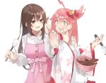  2girls absurdres alternate_costume apron bare_shoulders blush bowl brown_eyes brown_hair buttons cherry_blossom_print chocolate chocolate_on_fingers detached_sleeves floral_print frills green_eyes hair_ornament highres hololive kase_(kurimuzone_oruta) multiple_girls one_side_up open_mouth pink_hair sakura_miko spilling surprised tokino_sora tokino_sora_channel virtual_youtuber whisk white_background wide_sleeves 