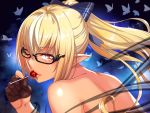  1girl animal_print bare_back bare_shoulders bayonetta benimura_karu black-framed_eyewear blonde_hair brown_gloves butterfly_print candy dark_skin elf eyebrows_visible_through_hair food from_behind glasses gloves hair_between_eyes hair_ornament hololive lips lollipop long_hair long_ponytail looking_at_viewer one_eye_closed partly_fingerless_gloves pointy_ears red_eyes shiranui_flare shoulder_blades solo virtual_youtuber 