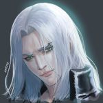  1boy bangs close-up closed_mouth face final_fantasy final_fantasy_vii final_fantasy_vii_remake green_eyes grey_background head_tilt high_collar highres katoyo85 long_hair parted_bangs pink_lips portrait sephiroth silver_hair 