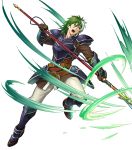  1boy armor belt boots fire_emblem fire_emblem:_the_blazing_blade fire_emblem_heroes full_body gloves green_eyes green_hair heath_(fire_emblem) highres long_hair multicolored_hair official_art open_mouth polearm solo spear teeth transparent_background two-tone_hair weapon white_hair 