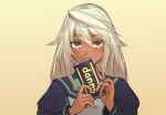  1girl blush candy chocolate_bar commentary_request covered_mouth dark_skin food guilty_gear guilty_gear_xrd long_hair looking_at_viewer pinky_out platinum_blonde_hair ramlethal_valentine school_uniform shouma_(bravespiritya) solo valentine yellow_background yellow_eyes 