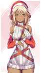  1girl absurdres blonde_hair blush breasts christmas closed_mouth dark_skin guilty_gear guilty_gear_xrd hat highres long_hair looking_at_viewer orange_eyes ramlethal_valentine solo sweater takanashi-a 