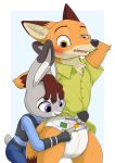  anthro blush bodily_fluids canid canine clothed clothing diaper disney duo embarrassed female fox hi_res judy_hopps lagomorph leporid male mammal nick_wilde nyanyakotarou pants_down partially_clothed police rabbit sweat teeth zootopia 