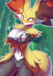  2020 anthro breasts canid canine delphox detailed_background disembodied_hand female fur genitals kicktyan mammal nintendo nipples pok&eacute;mon pok&eacute;mon_(species) pussy red_body red_fur solo video_games yellow_body yellow_fur 