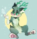  4_toes 5_fingers anthro antlers biped blush cheek_tuft claws crotch_tuft facial_tuft fingers front_view full-length_portrait fur green_body green_eyes green_fur head_tuft hindpaw horn hybrid inner_ear_fluff mammal nude pawpads paws pink_pawpads portrait sitting slit_pupils solo sony-shock spread_legs spreading three_tone_fur toes tuft 
