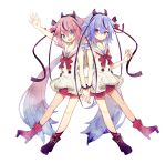  2others :d arm_up bare_arms boots bracelet braid collarbone double-breasted full_body gradient_hair hair_ribbon highres horns jewelry long_hair meika_hime meika_mikoto miwasiba multicolored_hair multiple_others official_art open_mouth pink_eyes pink_hair purple_eyes purple_hair purple_nails red_nails red_ribbon red_shorts red_skirt ribbon sailor_collar shorts single_braid skirt sleeveless smile symmetry transparent_background twintails very_long_hair vocaloid 