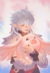  1girl alisaie_leveilleur animal animal_hug antenna_hair closed_eyes coat eyebrows_visible_through_hair eyelashes final_fantasy final_fantasy_xiv fur_trim hair_tie jewelry lmj961106 long_sleeves pig pointy_ears ring short_hair smile teeth upper_body 