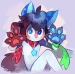  4_fingers ahoge anthro bangs big_ears big_eyes biped black_body black_fur black_hair black_tail blue_background blue_eyes blue_pawpads claws collar dark_fur dark_hair english_text fingers fluffy fluffy_tail front_view fur gloves_(marking) glowing hair handpaw light_fur looking_at_viewer mammal markings mostly_nude multicolored_body multicolored_fur pale_fur pawpads paws portrait red_pawpads scarf short_hair signature simple_background sitting solo sony-shock text white_body white_fur 