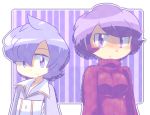  2girls asymmetrical_bangs bangs breasts color_connection commentary_request flat_chest hair_color_connection highres kagari_(pokemon) lila_(pokemon) looking_at_viewer multiple_girls pokemon pokemon_(game) pokemon_oras pokemon_rse purple_background purple_eyes purple_hair purple_theme small_breasts sweater trait_connection upper_body yamadakyou_kurotan 