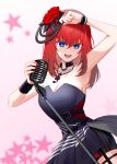  1girl :d animal_ears bangs belt blush bracelet breasts cleavage dress hair_ornament highres jewelry long_hair microphone necklace open_mouth original red_hair red_nails sleeveless sleeveless_dress smile solo teeth xiujia_yihuizi 