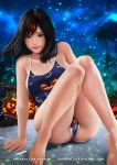  1girl ass bangs barefoot black_hair breasts brown_eyes chalk jack-o&#039;-lantern lips long_hair looking_at_viewer medium_breasts nefrubi night one-piece_swimsuit original sitting sky smile solo star_(sky) starry_sky swimsuit two_side_up watermark web_address wind 