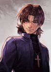 1boy bangs black_shirt brown_eyes brown_hair closed_mouth coat cross cross_necklace fate/stay_night fate_(series) grin hankuri jewelry kotomine_kirei latin_cross long_sleeves male_focus necklace parted_bangs purple_coat shirt simple_background smile smirk solo standing upper_body 