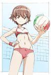  1girl artist_logo ball bangs beach_volleyball bikini breasts brown_eyes brown_hair closed_mouth commentary cowboy_shot dated eyebrows_visible_through_hair girls_und_panzer groin highres holding holding_ball isobe_noriko looking_at_viewer navel outside_border red_bikini robinsonk9999 short_hair sketch small_breasts smile solo standing swimsuit traditional_media volleyball volleyball_net wristband 