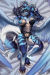  5_fingers 5_toes anthro areola blue_body blue_feathers breasts canid canine feathered_wings feathers female fingers hi_res hybrid kuroame lying mammal nipples on_back smile solo toes wings 