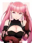  1girl absurdres breasts cleavage earrings fire_emblem fire_emblem:_three_houses gloves guxu highres hilda_valentine_goneril jewelry large_breasts long_hair open_mouth pink_eyes pink_hair red_gloves simple_background solo twintails upper_body 